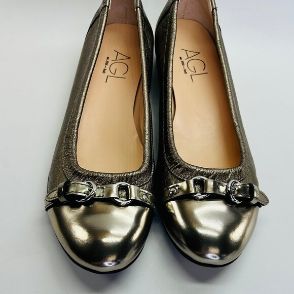 AGL Monika Cap Toe Ballet Flat Size 40 Platinum Leather Slip-On Flats Shoes - Picture 7 of 16
